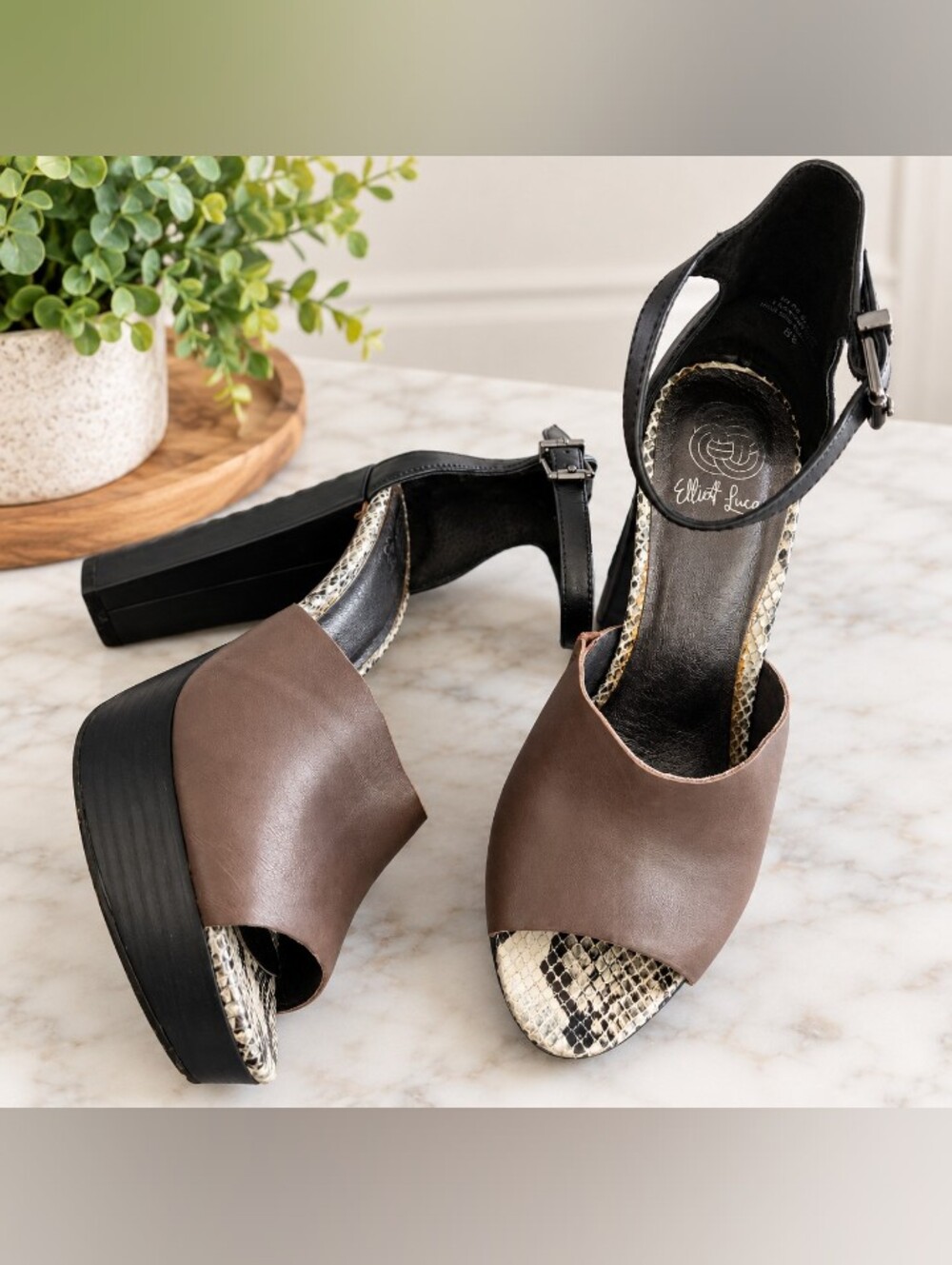 Elliott Lucca Leather Platform Heels Taupe Black Snakeskin Print Size 8.5